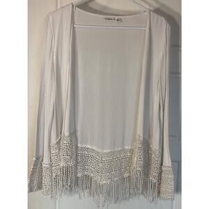 Cato White Open Front Long Sleeve Lace Hem & Cuff Fringed Hem Cardigan M